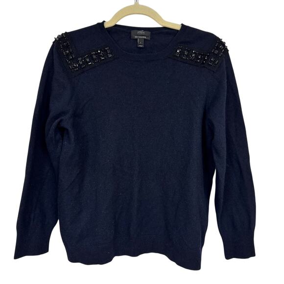 J Crew Navy Blue Beaded Shoulder Cashmere Blend Sweater Womens L Preppy Coquette - Picture 1 of 10